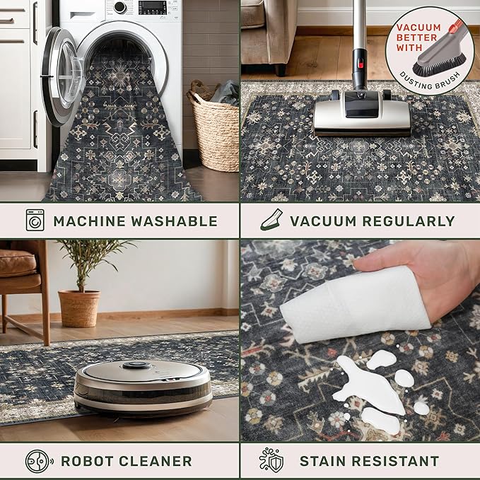 Black Boho Washable 2x6 Runner Rugs for Hallway Kitchen Bedroom Beside Laundry Room Bathroom Rug, Pet & Kids Friendly, Non Slip Low Pile Stain Resistant Soft Foldable Long 24 x 72 Floor Carpet