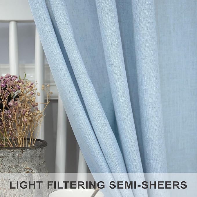 Blue Linen Curtains 108 inch Extra Long for Living Room 2 Panel Tab Pocket Light Filtering Semi Sheer Floor to Ceiling Drape Coastal Curtain for Patio Back Door High Extra Wide Window 52x108 Baby Blue