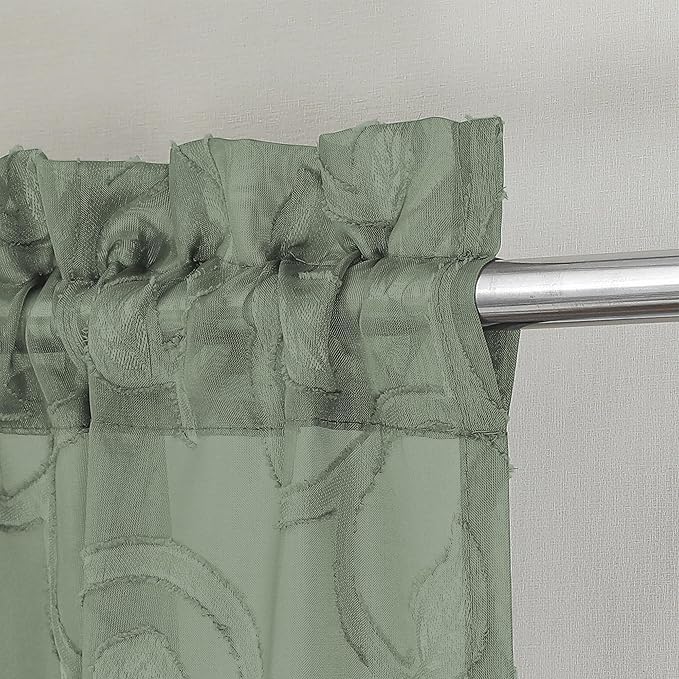 OWENIE Furman Sage Green Sheer Curtains Valances for Windows, Small Short Sheer Curtains for Living Room Bedroom, Airy Solid Curtains with Geometric Jacquard Clip Design, 2 Pcs Each 40Wx14L inch