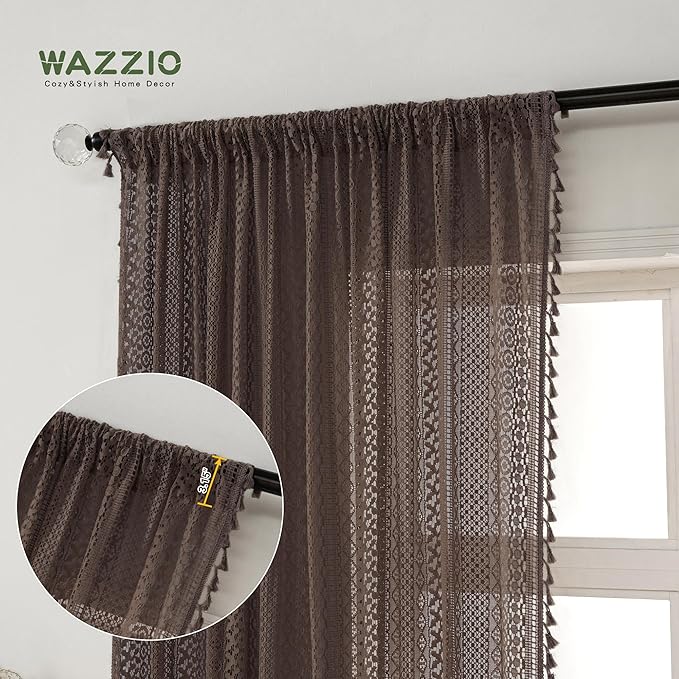 WAZZIO Boho Lace Curtains 84 Inches 2 Panel,Light Filtering Privacy Tassel & Geometry Crochet Semi Sheer Curtain Drapes for Bedroom Living Dining Room,Rod Pocket & Tassel,Chocolate Brown