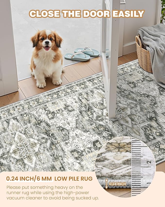 Runner Rug 2x8 Runners for Hallways Non Slip Washable, Vintage Hallway Runner Rugs for Living Room, Low Pile Soft Hallway Rug for Kitchen Bedroom Laundry Room Rug(Grey/Beige,2'x8')