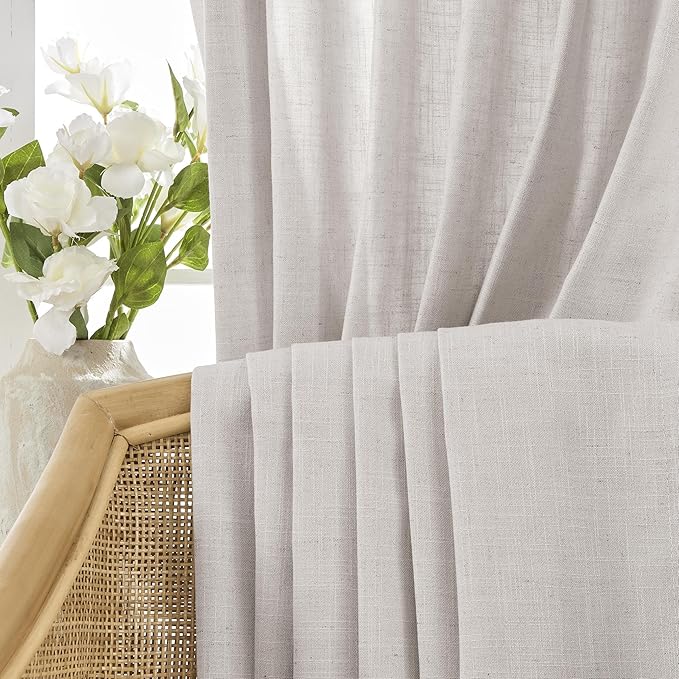 Joydeco Linen Curtains for Living Room,Light Filtering Rod Pocket Back Tab Semi Sheer Drapes Window Long Curtains 96 inches Long Blanc de Blanc