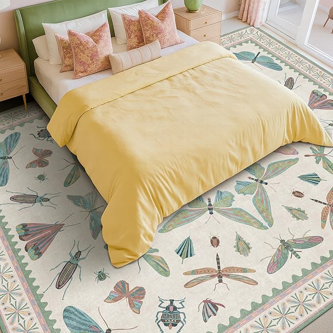 7x9 Green Butterfly Rugs for Kids Bedroom - Washable Insect Area Rug for Living Room, Dining Room Under Table, Boho Girls Room Décor, Low Pile Stain Resistant Carpet