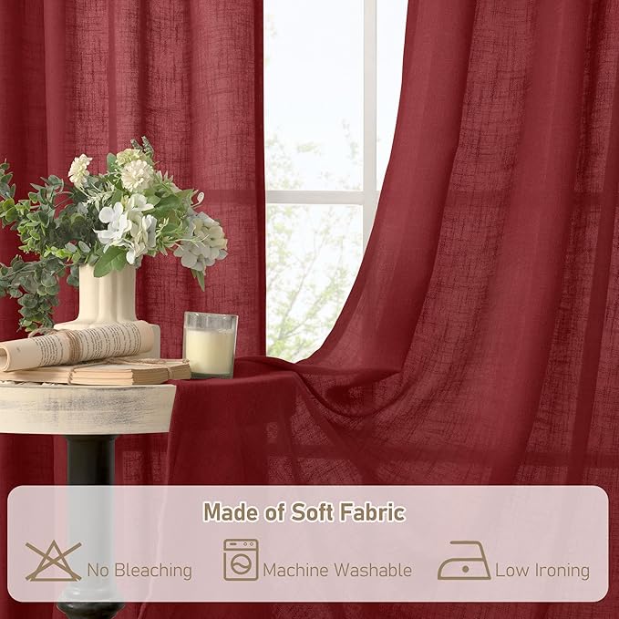 LAMIT Burgundy Red Sheer Linen Curtains 84 inch Length, Light Filtering Semi Sheer Panels Linen Textured Bronze Grommet Christmas Drapes for Living Room/Bedroom, 2 Panels, 52 x 84 Inch