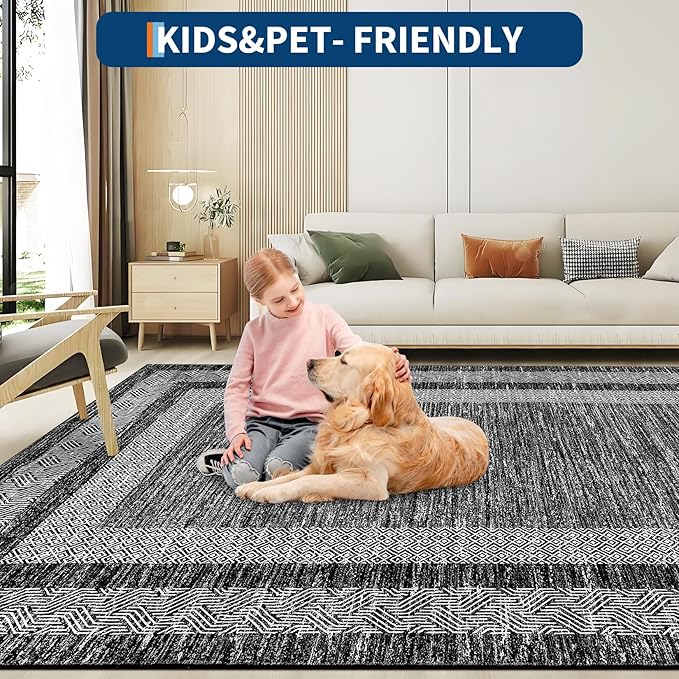 GarveeHome Extra Large Area Rug 10x13 Modern Geometric Rug with Non Slip Rubber Backing, Thin Washable Foldable Carpets, Soft Low Pile Non Shedding Printed Floor Mats for Hotel Office, Black