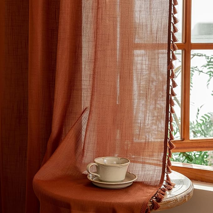 MYSKY HOME Door Curtains for Closet Doorways, 72 Inches Long Sheer Light Filtering Privacy Protect Bohemian Macrame Drapes for Living Room Bedroom, 50" x 72", Terracotta, 2 Pieces