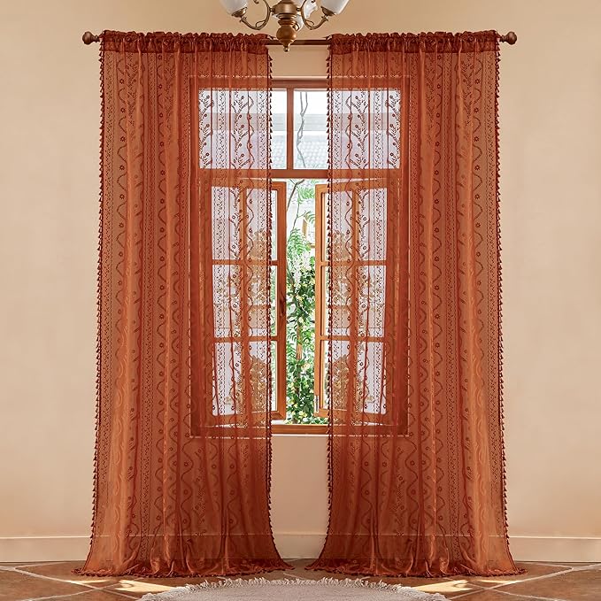 WAZZIO Boho Lace Curtains 96 Inch 2 Panels-Vintage Sheer Panel Drape Floral Pattern & Tassel Light Filtering Privacy for Bedroom Dining Living Room,Cottage Earthy Full Decor Terracotta,W52 x 96L