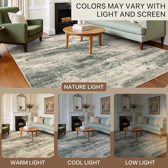 BEIMO Area Rugs 9x12 for Living Room Bedroom, Modern Abstract Machine Washable Rug, Large Soft Low Pile Floor Cover with Non Slip Backing for Dining Room, Grey/Dark Green