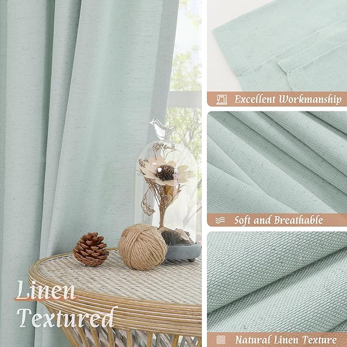 LAMIT 48 Inch Short Window Linen Curtains, Soft Faux Linen Light Filtering Panels Rod Pocket Neutral Drapes for Cafe/Bathroom/Loft Room, Light Blue, 2 Panels, 42 x 48 Inch
