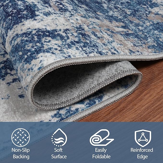 5x7 Area Rugs for Living Room Rug Washable: Abstract Rug for Dining Room Bedroom Carpet Non Slip 5 by 7 Indoor Modern Nursery Home Office Blue Grey White