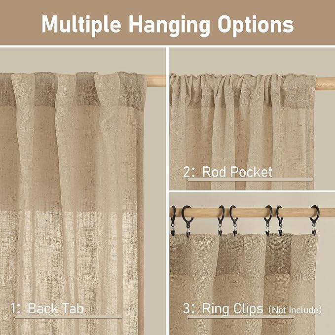 LAMIT Living Room Linen Curtains 95 Inch for Bedroom, Back Tab and Rod Pocket Linen Textured Sheer Curtains Light Filtering Burlap Drapes for Farmhouse, 2 Panels, 52 x 95 Inch, Brown