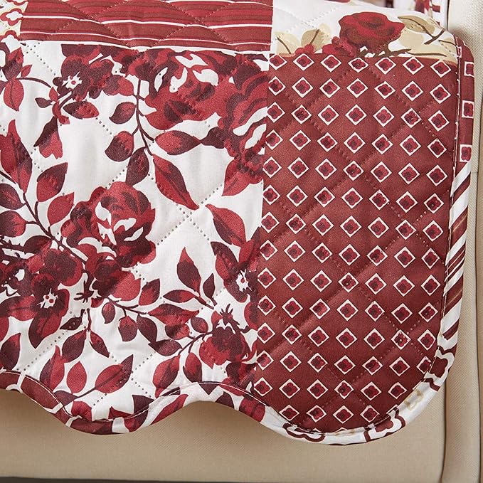 Great Bay Home Reversible Patchwork Recliner Cover - Washable Slipcover Furniture Protector with Elastic Straps - Perfect for Kids & Pets - Box-Stitched Detail (Burgundy)