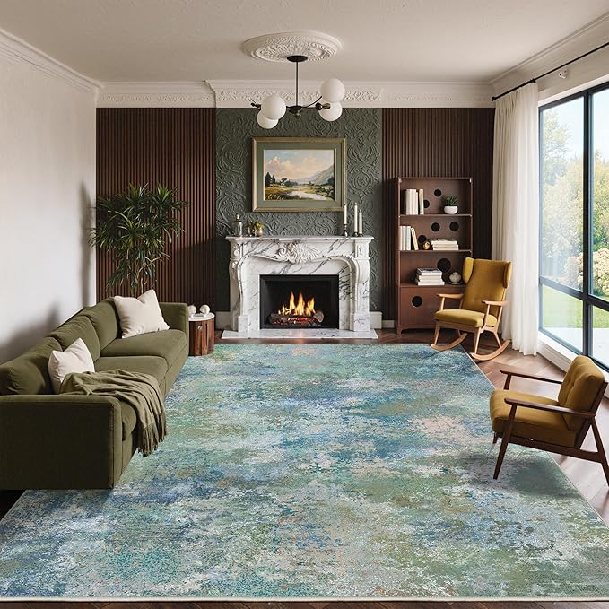 BEIMO Area Rugs 10x14 for Living Room Bedroom, Modern Abstract Machine Washable Rug, Large Soft Low Pile Floor Carpet with Non Slip Backing for Dining Room, Blue Green