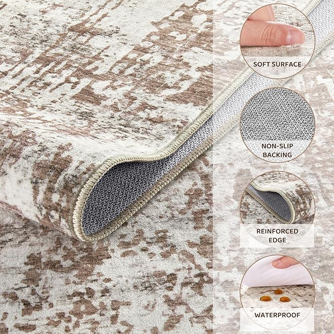 UERMEI 8ft Round Area Rug Living Room Rugs - 8x8 Washable Neutral Modern Abstract Soft Thin Rug Indoor Floor No Slip Rug Carpet for Bedroom Under Dining Table Home Office Decor - Brown/Grey/Red