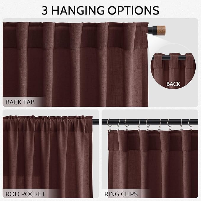 Nanspring Reddish Brown Linen Blend Light Filtering Back Tab Curtains 102 Inches Long, Semi Sheer Privacy Drapes for Living Room & Bedroom, 52x102 inch, 2 Panels