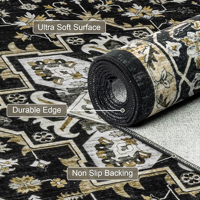 4x6 Area Rugs for Living Room: Washable Rug Soft Vintage Boho Medallion Carpet Indoor Non-Slip Stain Resistant Large Carpets for Bedroom Dining Room Farmhouse Nursery Home Office Black Gold