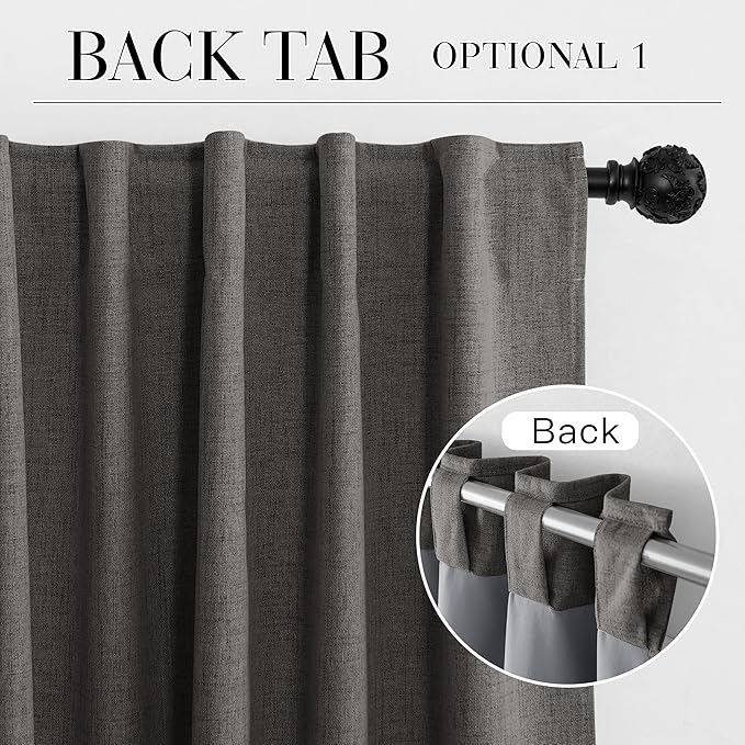 RYB HOME Grey Linen 100% Blackout Curtains for Bedroom 120 inch Long 52 inch Width, Extra Long Drapes Thermal Insulated&Privacy Assurd for Sliding Glass Doors/Dining, Back Tab&Rod Pocket, 2 Panels