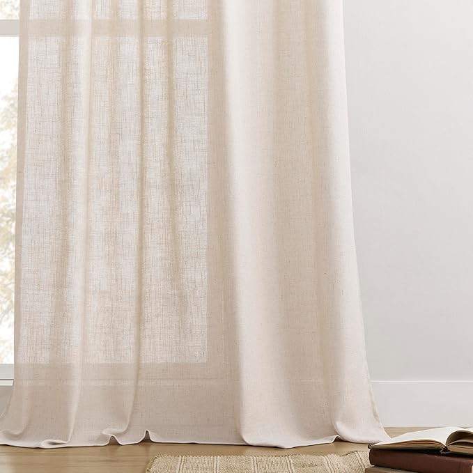 Joydeco Linen Curtains for Living Room,Semi Sheer Drapes Window Long Curtains 96 inches Long Pink Beige