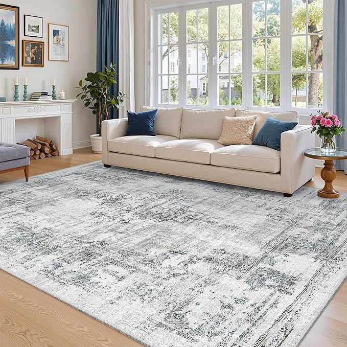 Madane Area Rugs 9x12 Living Room: Lagre Vintage Living Room Rug with Non-Slip Backing Low Pile Rugs Soft Indoor Floor Thin Carpet Non Shedding Carpets for Bedroom Dining Room Farmhouse Blue/Grey