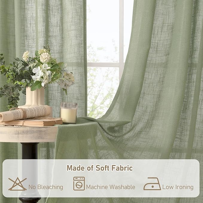 LAMIT Sage Green Linen Curtains 78 Inches for Living Room, Bronze Grommet Linen Textured Farmhouse Curtains Light Filtering Drapes for Bedroom/Dining Room, Set of 2, 52 x 78 Inch