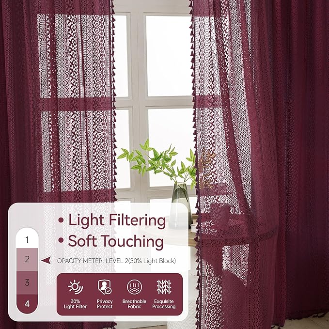 WAZZIO Boho Lace Curtains 84 Inches 2 Panel,Light Filtering Privacy Tassel & Geometry Crochet Semi Sheer Curtain Drapes for Bedroom Living Dining Room,Rod Pocket & Tassel,Burgundy Red