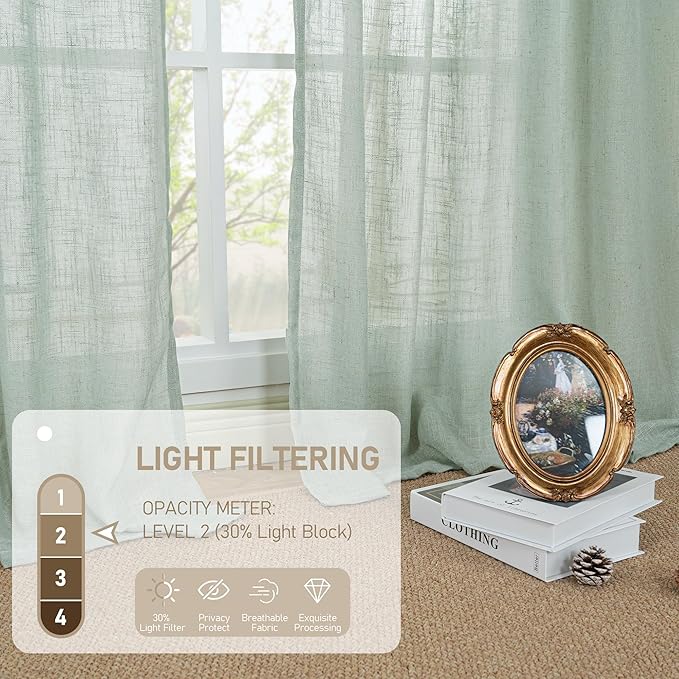 LAMIT Short Linen Window Curtains 40 Inch Length 2 Panels, Light Sage Semi Sheer Light Filtering Panels Back Tab and Rod Pocket Neutral Drapes for Basement/Window/Loft Room, 34 x 40 Inch