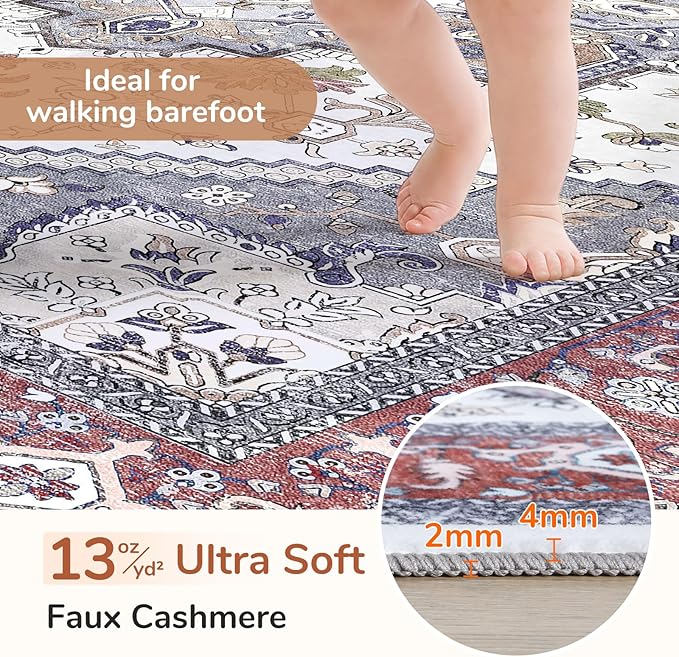 OPPODREAM Soft Entryway Rug 2x6, 2x6 Rug Runner, Washable Hallways Carpet 2 x 6 with Non Slip Backing, Low-Pile Bedside Carpet 2 x 6, Long, Faux Cashmere, Red & Grey