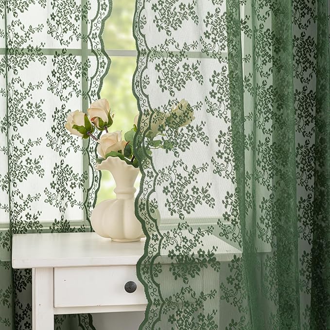 YJ YANJUN Vintage Lace Curtains 72 Inches Long-Victorian Floral Pattern Dark Olive Green Sheer Curtain Panels for Living Room Bathroom Spring Embroidered Drapes Light Filtering 2 Panels 52W x 72L