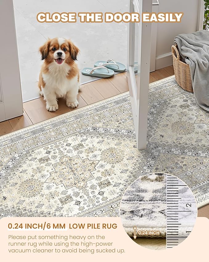 Hallway Runner Rug 2x12, Extra Long Washable Runner Rugs with Rubber Backing, Non Slip Runner, Vintage Rug Runners for Kitchen Laundry Room Entryway (Beige,2'x12')