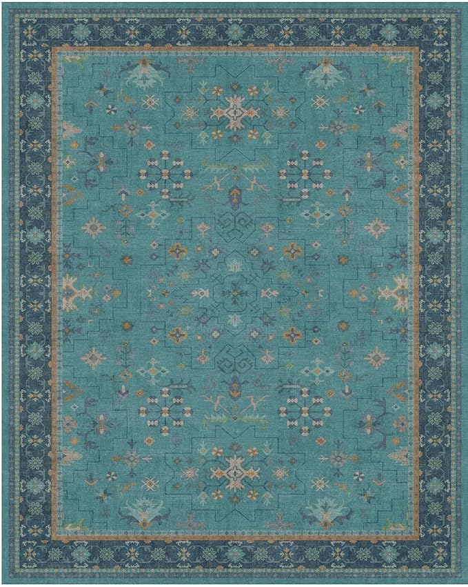 Hazo Haus Teal 3x6 Wide Non Slip Kitchen Rug - Washable Front Door Runner Indoor Entrance, Vintage Floral Pattern Indoor Decor, Non Slip Soft Low Pile Fade Resistant
