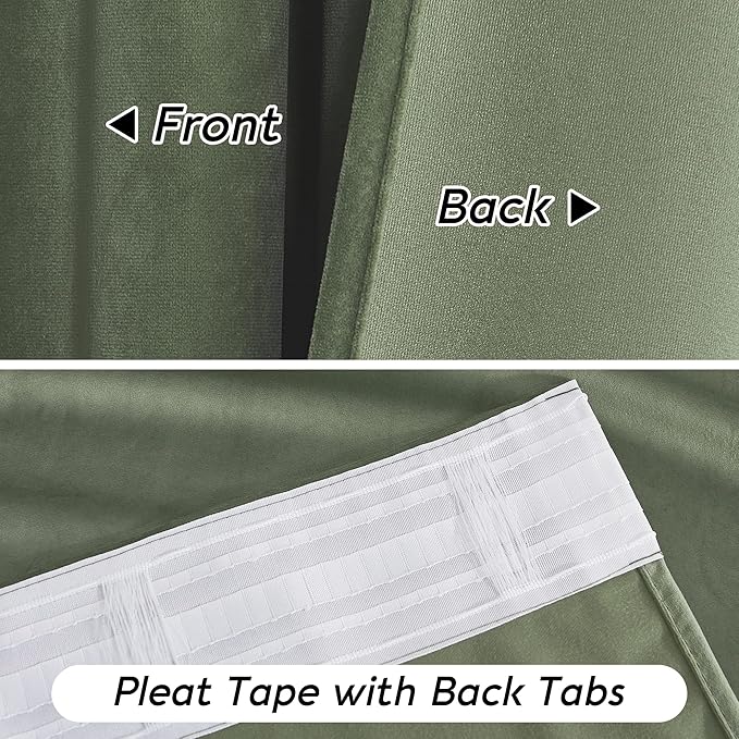 RYB HOME Sage Green Velvet Curtains with Hook Tape, Thermal Insulated Privacy Protect Decorative Drapes for Home Theater, W 62 x L 84 inches, 2 Panels Set
