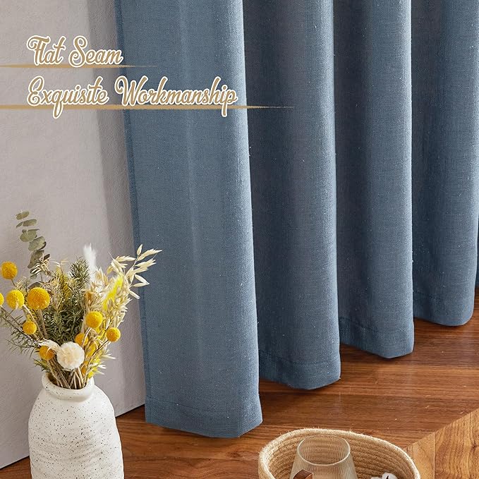 NICETOWN Stone Blue Linen Curtains 108 inches Long, Rod Pocket & Back Tab Flax Linen Burlap Semi Sheer Privacy with Light Filtering Window Treatments for Bedroom, W52 x L108, 2 Panels
