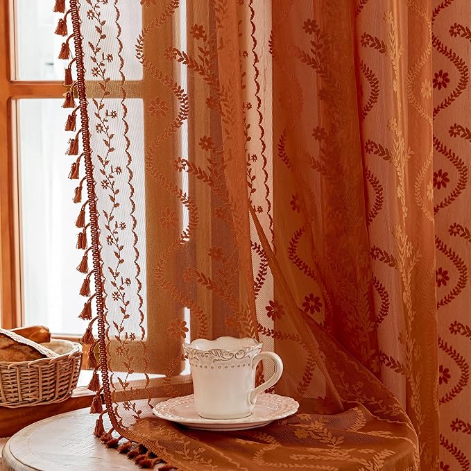 WAZZIO Boho Lace Curtains 72 Inch 2 Panels-Vintage Sheer Panel Drape Floral Pattern & Tassel Light Filtering Privacy for Bedroom Dining Living Room,Cottage Earthy Full Decor Terracotta,W52 x 72L