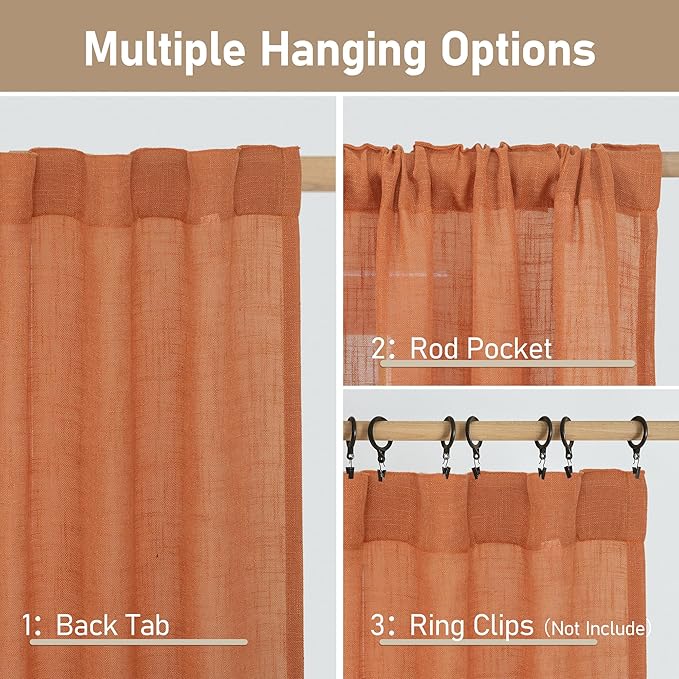 LAMIT Burnt Orange Sheer Linen Curtains, 80 inch Light Filtering Semi Sheer Panels Back Tab and Rod Pocket Farmhouse Rust Drapes for Bedroom/Living Room, 2 Panels, 52 x 80 Inch