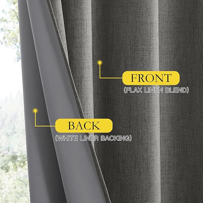 NICETOWN Grizzle Gray Vintage Linen 100% Blackout Curtains for Living Room, Thermal Insulated Curtains 108“ Long, Noise Reducing Window Treatment Drapes for Home Office, 62" Wide Per Panel, Set of 2
