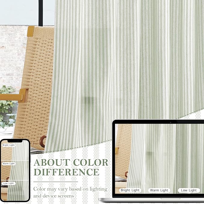 RYB HOME Linen Kitchen Striped Curtains for Cafe Bathroom Small Window, Short Pinstripe Drapes 36 inch Length Half Curtains for Living Room Boho Rustic Farmhouse, Sage Green, W26 x L36, 2 Panels