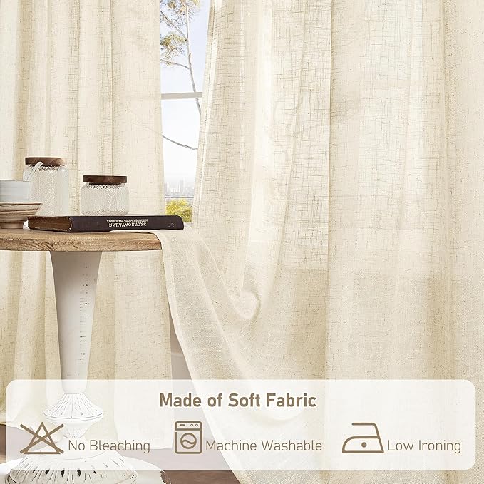 LAMIT Beige Linen Curtains for Living Room 2 Panels Set, 84 Inch Faux Linen Textured Light Filtering Drapes Back Tab and Rod Pocket Boho Panels for Farmhouse/Bedroom/Porch, 52 x 84 Inch