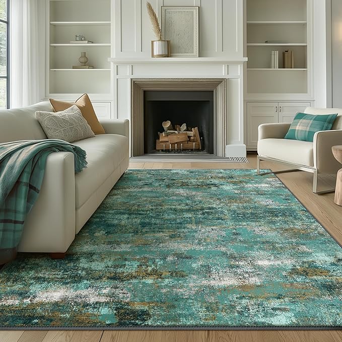 BEIMO Machine Washable Rug 5x7 Area Rugs for Living Room Bedroom, Large Turquoise Abstract Area Rug Soft Throw Rugs, Low-Pile Floor Carpet with Non Slip Rubber Backing