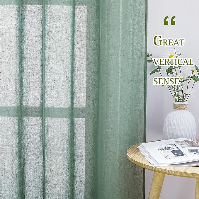 NICETOWN Linen Curtains Flax Sheer Texture for Living Room, Grommet Semi Sheer Vertical Drapes Privacy with Light Filter for Home Office/Farm House, W52 x L96, Olive Green, 1 Pair