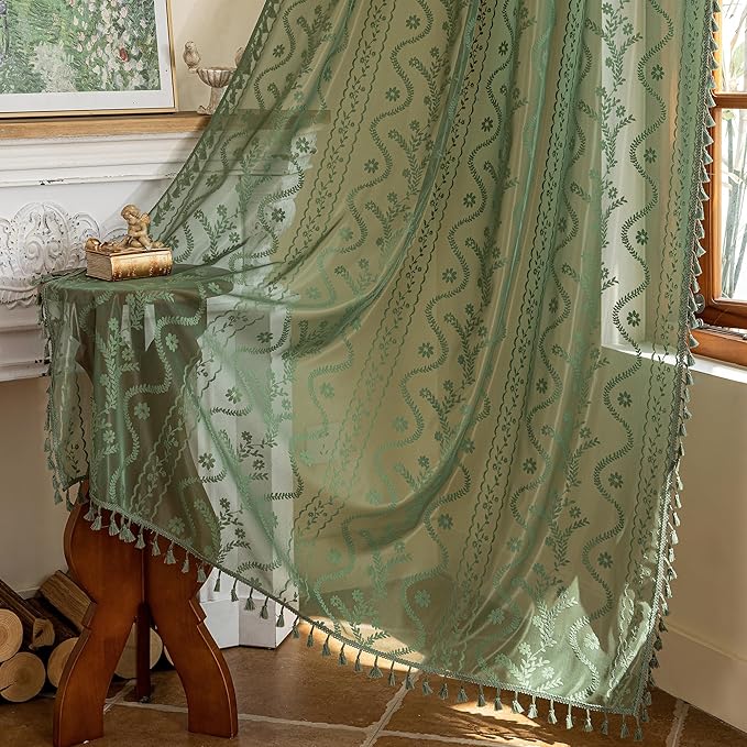 WAZZIO Boho Lace Curtains 2 Panels 63 Inches -Vintage Victorian Sheer Panel Drape French Country Floral Pattern & Tassel Light Filtering Privacy for Bedroom Dining Living Room,Dark Sage Green,W52x L63