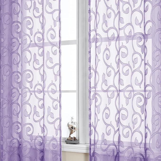 OWENIE Furman Sheer Curtains 72 inches Long for Bedroom Living Room 2 Panels Set, Clip Jacquard Light Purple Semi Sheer Curtains with Design, Light Filtering Rod Pocket Curtain, 40Wx72L inch