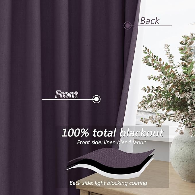 Guken 100% Blackout Curtains 84 Inch Length 2 Panels Set for Living Room Bedroom Back Tab Thermal Insulated Black Out Linen Drapes Room Darkening Window Curtains 84 Inches Long,Plum
