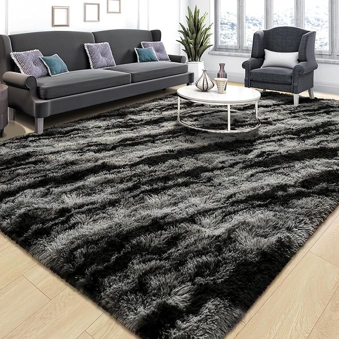 Tepook Fluffy Large Rugs for Living Room, Shag Area Rug 6x9 Soft Carpet for Bedroom, Modern Shaggy Rug for Kids Boys Girls, Plush Indoor Nursery Home Decor Rug with Non-Slip Bottom, Black Grey