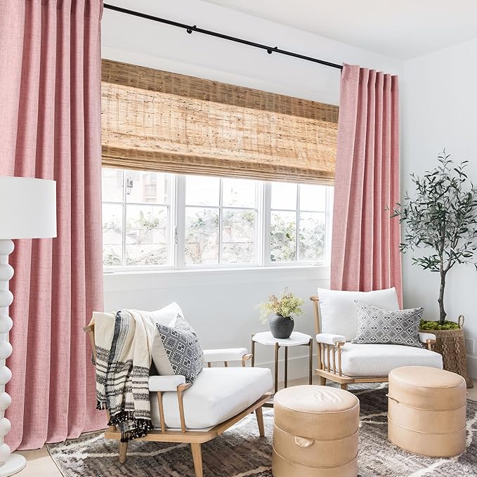 RYB HOME Living Room/Bedroom Curtains and Drapes Linen Sheer, Light Filtering Curtains 108 inches Long, Back Tab/Rod Pocket, Peach Blush, W 52 x L 108 inches, 2 Panels Set