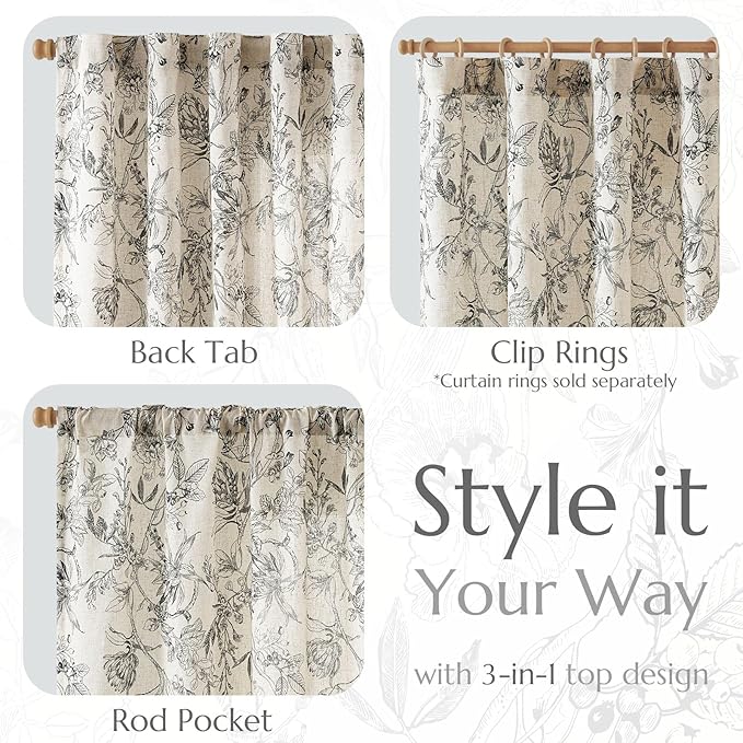 jinchan Floral Curtains 90 Inch Length Black Flower Linen Farmhouse Curtain for Living Room French Country Vintage Curtain Rod Pocket Curtains Set 2 Panels Balck Floral Printed