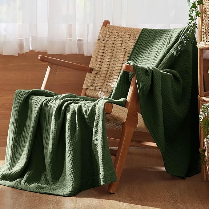 Bedsure 100% Cotton Muslin Throw Blanket Twin XL for Bed - 4-Layer Breathable and Lightweight Thin Soft Summer Gauze Muslin Blankets for Adults, Olive Green, 66x90 Inches