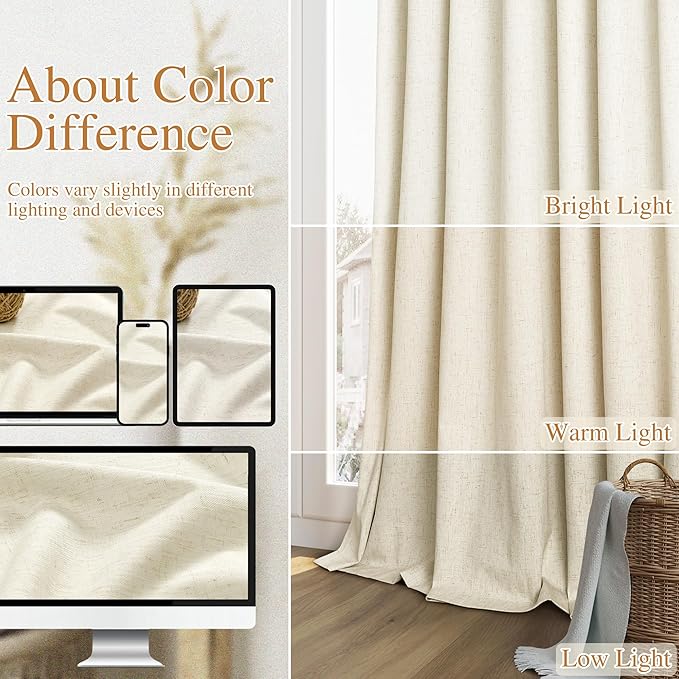 Guken 100% Blackout Curtains 96 Inch Length 2 Panels Set for Living Room Bedroom Back Tab Thermal Insulated Black Out Linen Drapes Room Darkening Window Curtains 96 Inches Long,Warm Beige