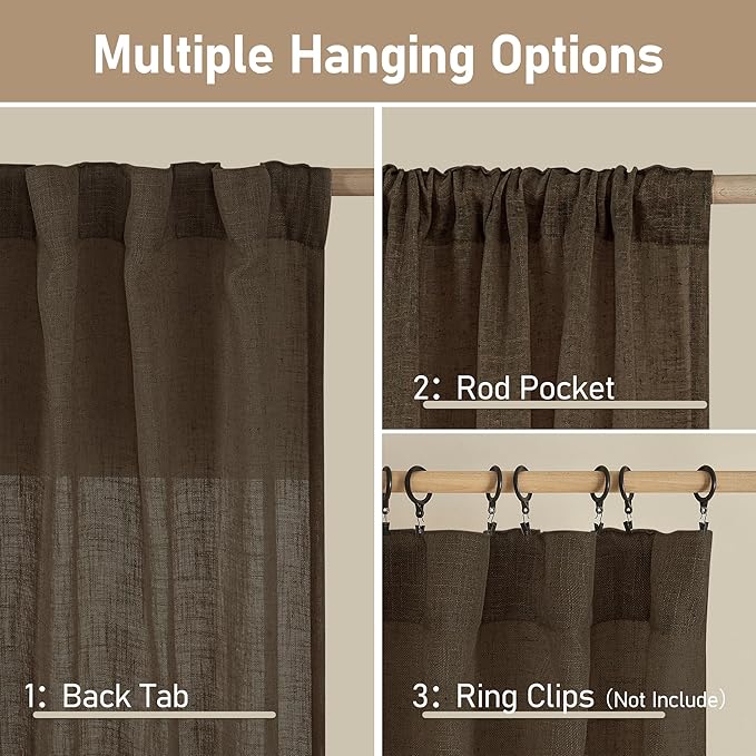 LAMIT Dark Brown Sheer Linen Curtains, 102 inch Light Filtering Semi Sheer Panels Back Tab and Rod Pocket Farmhouse Drapes for Bedroom/Living Room, 2 Panels, 52 x 102 Inch