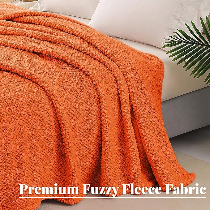 Whale Flotilla Queen Size Fuzzy Fleece Blanket, Fluffy Warm Soft Jacquard Bed Blankets for All Season, Lightweight and Cozy, 90x90 Inch, Burnt Orange