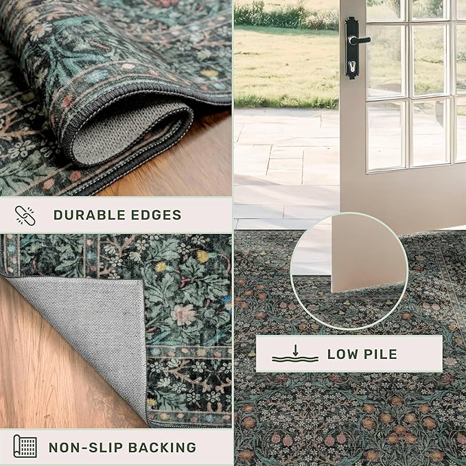 Dark Green 2x4 Rug Runner, Entryway Rugs, Small Runners for Kitchen, Door Mat Indoor Entrance, Bathroom, Non-Slip Low-Pile Washable Stain Resistant, Vintage Floral Design